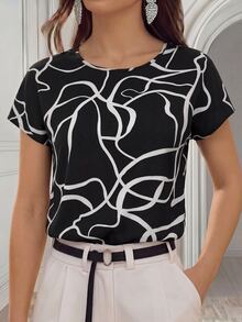 Medorina Elegant Chic Style, Abstract Graphic Print, Work Tops Women, Chiffon Black White, Short Sleeve Loose Fit, Office Business Wear, Going Out, Summer Fall - White - View 8