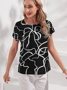 Medorina Elegant Chic Style, Abstract Graphic Print, Work Tops Women, Chiffon Black White, Short Sleeve Loose Fit, Office Business Wear, Going Out, Summer Fall - White - View 3