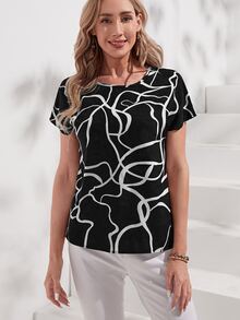 Medorina Elegant Chic Style, Abstract Graphic Print, Work Tops Women, Chiffon Black White, Short Sleeve Loose Fit, Office Business Wear, Going Out, Summer Fall - White - View 7