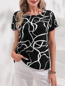 Medorina Elegant Chic Style, Abstract Graphic Print, Work Tops Women, Chiffon Black White, Short Sleeve Loose Fit, Office Business Wear, Going Out, Summer Fall - White - View 5
