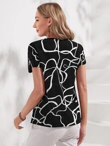 Medorina Elegant Chic Style, Abstract Graphic Print, Work Tops Women, Chiffon Black White, Short Sleeve Loose Fit, Office Business Wear, Going Out, Summer Fall - White - View 4
