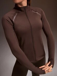 Powerista Women's All Seasons Slim Fit Brown Long Sleeve Zip-Up Sports Jacket With High Collar For Gym And Outdoor Workouts Made With Breathable Lightweight - Brown - View 1