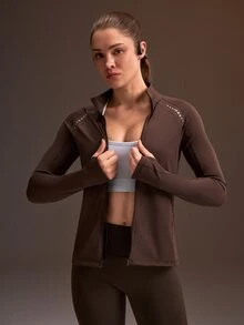 Powerista Women's All Seasons Slim Fit Brown Long Sleeve Zip-Up Sports Jacket With High Collar For Gym And Outdoor Workouts Made With Breathable Lightweight - Brown - View 6