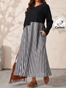 EMERY ROSE Plus Size Women's Autumn/Winter Casual 1920s Vacation Country Style Colorblock Patchwork Plaid Long Sleeve Flowy Dress With Pockets Holiday Fall - Black and White - View 4