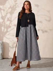 EMERY ROSE Plus Size Women's Autumn/Winter Casual 1920s Vacation Country Style Colorblock Patchwork Plaid Long Sleeve Flowy Dress With Pockets Holiday Fall - Black and White - View 6