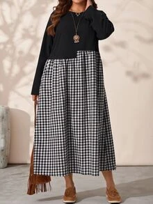 EMERY ROSE Plus Size Women's Autumn/Winter Casual 1920s Vacation Country Style Colorblock Patchwork Plaid Long Sleeve Flowy Dress With Pockets Holiday Fall - Black and White - View 7