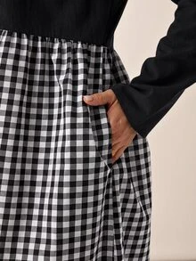 EMERY ROSE Plus Size Women's Autumn/Winter Casual 1920s Vacation Country Style Colorblock Patchwork Plaid Long Sleeve Flowy Dress With Pockets Holiday Fall - Black and White - View 12