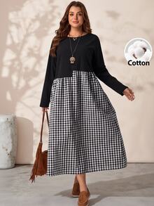 EMERY ROSE Plus Size Women's Autumn/Winter Casual 1920s Vacation Country Style Colorblock Patchwork Plaid Long Sleeve Flowy Dress With Pockets Holiday Fall - Black and White - View 3