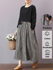 EMERY ROSE Plus Size Women's Autumn/Winter Casual 1920s Vacation Country Style Colorblock Patchwork Plaid Long Sleeve Flowy Dress With Pockets Holiday Fall - Black and White - View 11