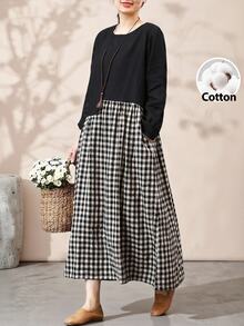 EMERY ROSE Plus Size Women's Autumn/Winter Casual 1920s Vacation Country Style Colorblock Patchwork Plaid Long Sleeve Flowy Dress With Pockets Holiday Fall - Black and White - View 8