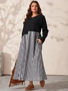 EMERY ROSE Plus Size Women's Autumn/Winter Casual 1920s Vacation Country Style Colorblock Patchwork Plaid Long Sleeve Flowy Dress With Pockets Holiday Fall - Black and White - View 10