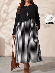 EMERY ROSE Plus Size Women's Autumn/Winter Casual 1920s Vacation Country Style Colorblock Patchwork Plaid Long Sleeve Flowy Dress With Pockets Holiday Fall - Black and White - View 1