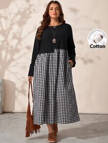 EMERY ROSE Plus Size Women's Autumn/Winter Casual 1920s Vacation Country Style Colorblock Patchwork Plaid Long Sleeve Flowy Dress With Pockets Holiday Fall - Black and White - View 9