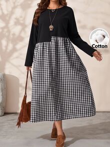 EMERY ROSE Plus Size Women's Autumn/Winter Casual 1920s Vacation Country Style Colorblock Patchwork Plaid Long Sleeve Flowy Dress With Pockets Holiday Fall - Black and White - View 2