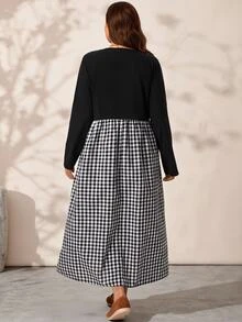 EMERY ROSE Plus Size Women's Autumn/Winter Casual 1920s Vacation Country Style Colorblock Patchwork Plaid Long Sleeve Flowy Dress With Pockets Holiday Fall - Black and White - View 5