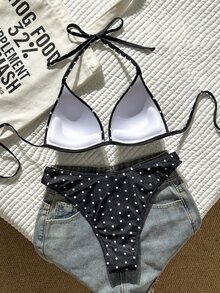 SHEIN Swim 女款夏季優雅掛脖式定型杯比基尼套裝 黑白波點泳衣 海灘派對穿搭 - 彩色 - 查看 2