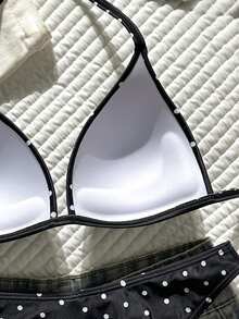 SHEIN Swim 女款夏季優雅掛脖式定型杯比基尼套裝 黑白波點泳衣 海灘派對穿搭 - 彩色 - 查看 5