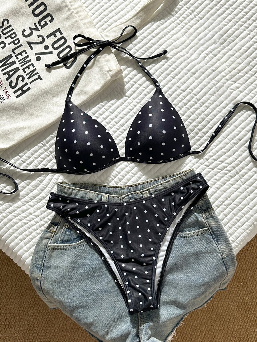SHEIN Swim 女款夏季優雅掛脖式定型杯比基尼套裝 黑白波點泳衣 海灘派對穿搭 - 彩色 - 查看 1