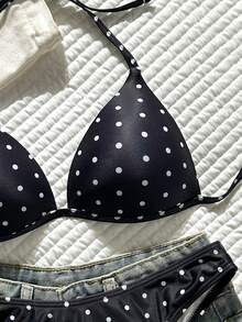 SHEIN Swim 女款夏季優雅掛脖式定型杯比基尼套裝 黑白波點泳衣 海灘派對穿搭 - 彩色 - 查看 6