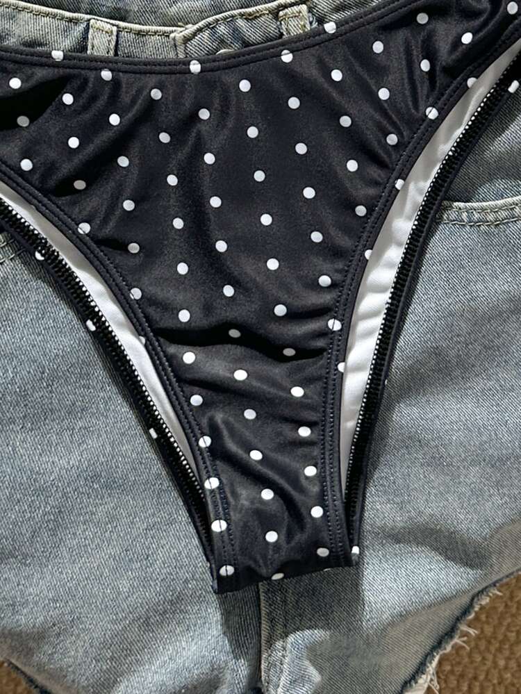 SHEIN Swim Women's Summer Elegant Halter Neck Molded Cup Bikini Set Beach Black And White Polka Dot Swimwear Party - Multicolor - View 4
