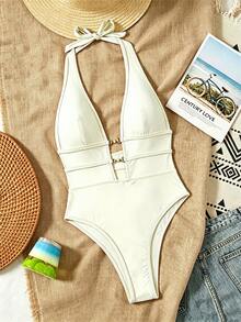 Swim Chiccia Baju Renang Terusan Seksi Wanita Springbreak Warna Hitam Model Halter Neck V Dalam untuk Festival Boho - Krem - View 3