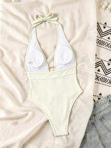 Swim Chiccia Baju Renang Terusan Seksi Wanita Springbreak Warna Hitam Model Halter Neck V Dalam untuk Festival Boho - Krem - View 2