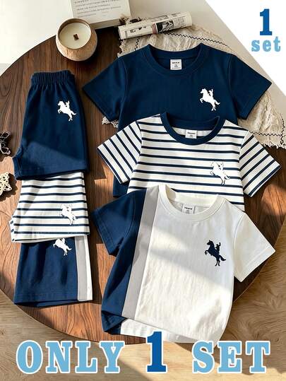 2pcs Young Boys T-Shirt Set Navy White Striped Knight Print Contrast Loose Short Sleeve Crew Neck School Vacation Summer Back To School,1 Random Set