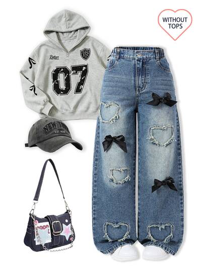 SHEIN Teen Girl Retro Y2k Cute Fashion Street Style Elastic Waist Button Front Blue Bow Decor Love Patch Embroidered Wide Leg Denim Pants Summer Prom