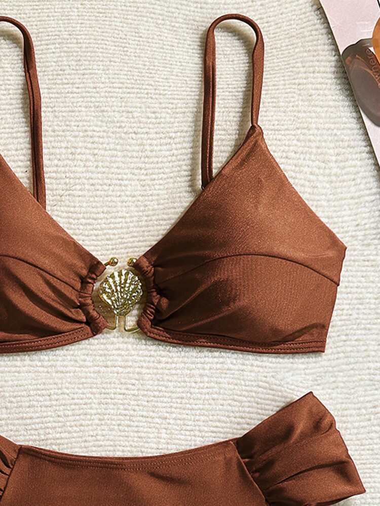 Swim Chiccia Ladies' Springbreak Beach Vacation Sexy Metal Decor All Vegan High Cut Pleated Spaghetti Strap Bikini Set, Women's Summer Swimwear - Chocolate Brown - View 4