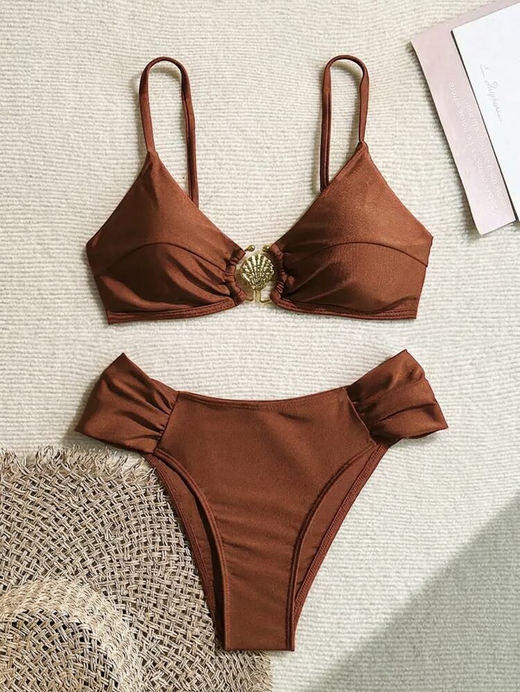 Swim Chiccia Ladies' Springbreak Beach Vacation Sexy Metal Decor All Vegan High Cut Pleated Spaghetti Strap Bikini Set, Women's Summer Swimwear - Chocolate Brown - View 6