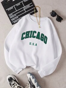 SHEIN Teen Girls' Fleece Letter Printed Sweatshirt Autumn Fall, Long Sleeve, Fall Clothes, Holiday Outfits, Casual - White - View 3
