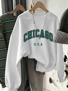 SHEIN Teen Girls' Fleece Letter Printed Sweatshirt Autumn Fall, Long Sleeve, Fall Clothes, Holiday Outfits, Casual - White - View 1