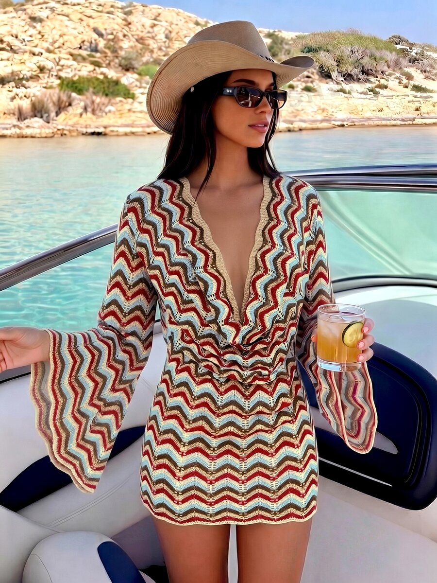 SHEIN Swim Swim SXY 2026 女款春夏性感鏤空網眼沙灘泳裝罩衫，優雅浪漫性感迷人彩色條紋修身針織洋裝罩衫，波希米亞風，西式風格，加州日落風，適合海灘度假、日常穿著、約會、下午茶、郵輪旅行、音樂節，優雅女款泳裝，彩色印花沙灘裝，度假穿著 - 彩色 - 查看 1