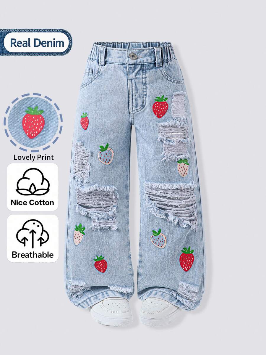 SHEIN 女童淺洗藍色牛仔草莓印花寬腿牛仔褲，鬆緊腰高腰夏季休閒校園褲，甜美時尚