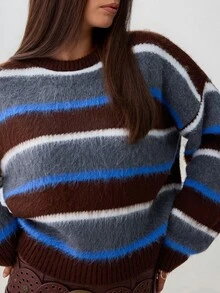 SHEIN كنزة صوفية محبوكة كاجوال متعددة الخطوط ذات ملمس فروي - بني - مشاهدة 6