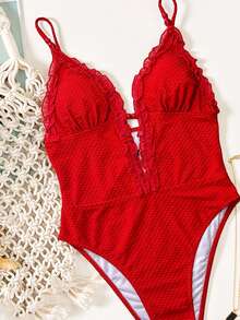 SHEIN Swim 春夏纯色提花面料深V吊带圆珠装饰荷叶边网纱内衬休闲可爱比基尼连体泳衣 - 紅色 - 查看 3