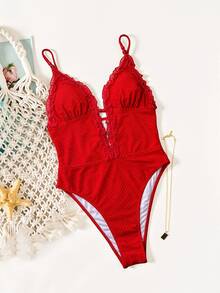 SHEIN Swim 春夏纯色提花面料深V吊带圆珠装饰荷叶边网纱内衬休闲可爱比基尼连体泳衣 - 紅色 - 查看 4