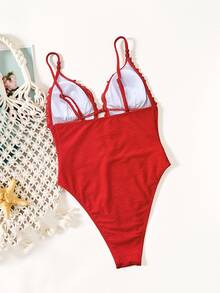 SHEIN Swim 春夏纯色提花面料深V吊带圆珠装饰荷叶边网纱内衬休闲可爱比基尼连体泳衣 - 紅色 - 查看 2
