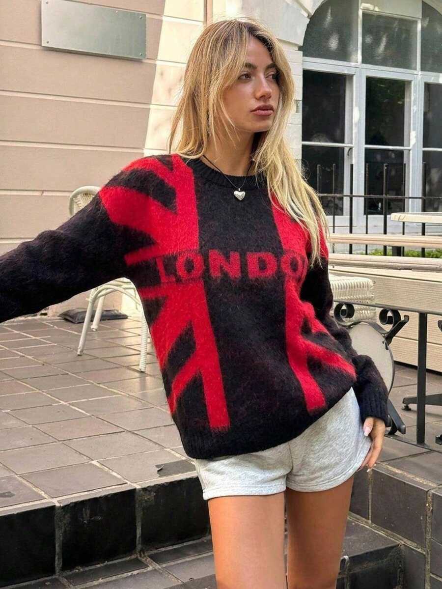 SHEIN London Union Jack Graphic Knit Sweater - Black - View 1