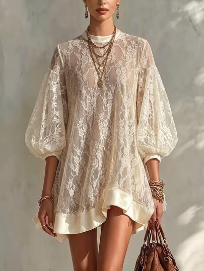 SHEIN Summer Women's Dress, July Festival, Outdoor Outfit Dress, Beach Vacation, Holiday Outfit, Apricot Women's Dress, Round Neck Three-Quarter Sleeve Lace Patchwork Women's Dress, Casual Women's Dress, Vacation Outfit, Vacation Women's Dress, Party Dress, Casual Party Outfit, Casual Party Dress