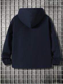 SHEIN 兒童青少年男孩休閒學院風抓絨內裡連帽字母圖案夾克，梭織加厚款，適合學校、花園、海灘、生日，春夏秋冬四季穿著，黑色、棕色 - 藏蓝色 - 查看 3