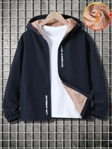 SHEIN 兒童青少年男孩休閒學院風抓絨內裡連帽字母圖案夾克，梭織加厚款，適合學校、花園、海灘、生日，春夏秋冬四季穿著，黑色、棕色 - 藏蓝色 - 查看 5