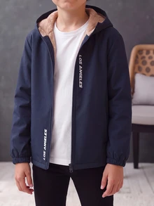 SHEIN 兒童青少年男孩休閒學院風抓絨內裡連帽字母圖案夾克，梭織加厚款，適合學校、花園、海灘、生日，春夏秋冬四季穿著，黑色、棕色 - 藏蓝色 - 查看 4