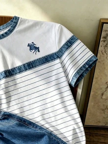 Boys' Casual Comfortable White And Blue Striped Outfit, Suitable For Daily Wear In Spring And Summer - Navy Blue - View 4