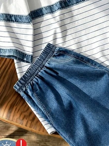 Boys' Casual Comfortable White And Blue Striped Outfit, Suitable For Daily Wear In Spring And Summer - Navy Blue - View 5