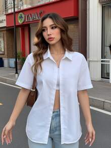 SuriyaCove 女款純色前扣休閒極簡基本款時尚短袖白色襯衫，夏季教師節辦公穿搭 - 白色 - 查看 5