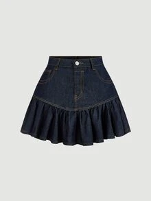 Tween Girl Casual Denim Skirt With Pockets And Ruffle Hem Y2k Summer Festival Beach Prom Graduation Wedding - Blue - View 1