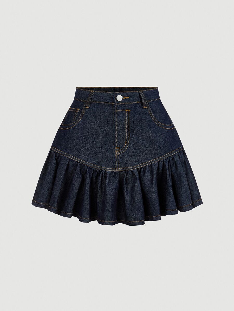 Tween Girl Casual Denim Skirt With Pockets And Ruffle Hem Y2k Summer Festival Beach Prom Graduation Wedding - Blue - View 1