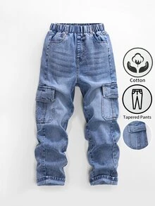 Genkimix Kids 男童牛仔長褲，水洗淺藍色，彈性腰頭，翻蓋工裝口袋，直筒版型，夏季校園休閒街頭度假風 - 中等水洗藍 - 查看 3