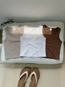 Tween Girls 3pcs Striped Tank Top Set, Casual &, Summer, Outfit, Comfortable, Daily, Minimalist, Vacation, Back To School, Cute, Vintage - Multicolor - View 4